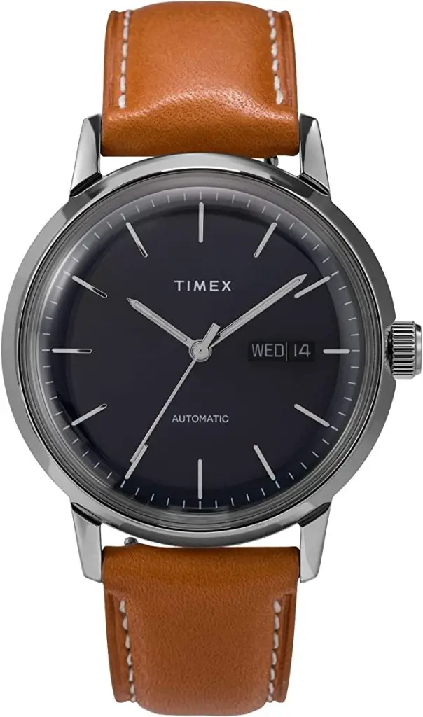 Timex 40 mm Marlin Auto Silver Case Blue Dial Tan Leather Strap